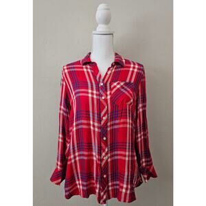 Talbots Petite Red Plaid Long Sleeve Button Down Top